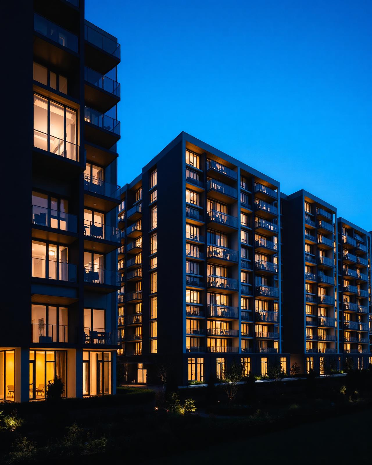 Condomínio residencial moderno iluminado ao entardecer